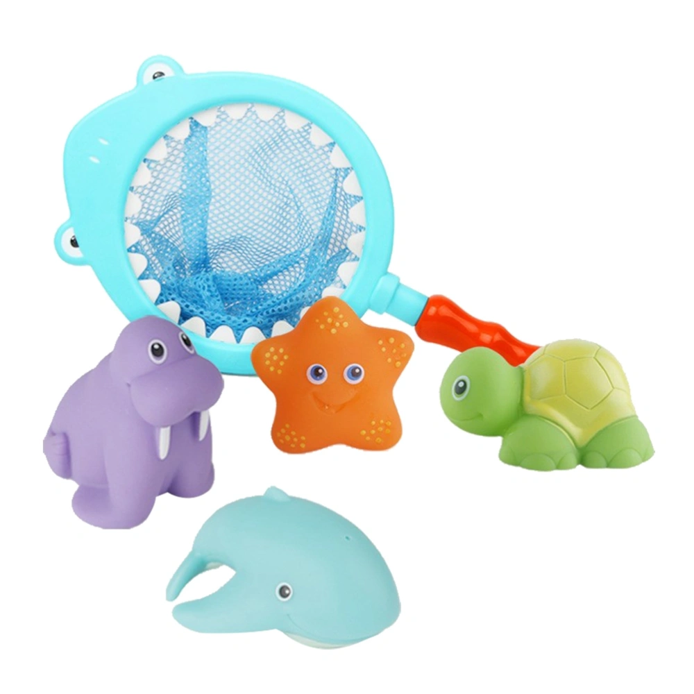 5pcs Baby Bath Toys Squeeze Sound Animal Water Bath Squirter Shark Preying Floating Bathtub Squirters Bathtime Temperature Change Color Fun Toys with Fish-landing Net (Random Color)