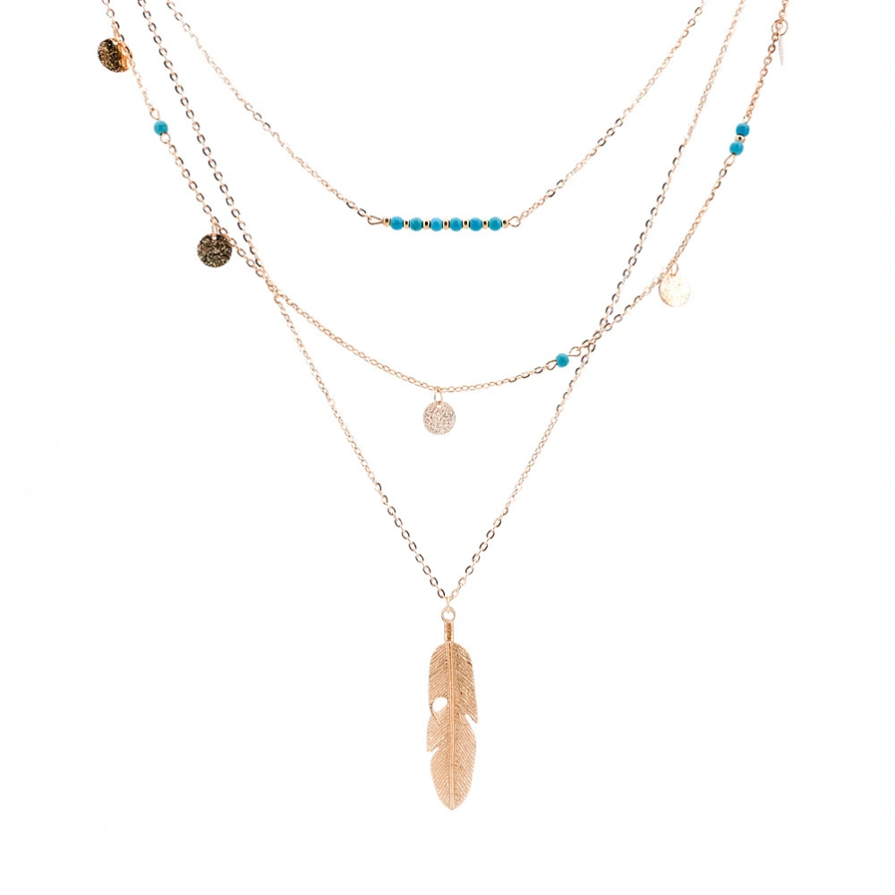 Women Multilayer Necklace Simple Ethnic Leaf Tassels Coin Turquoise Beads Pendants Sequin Necklace Bijoux (Golden)