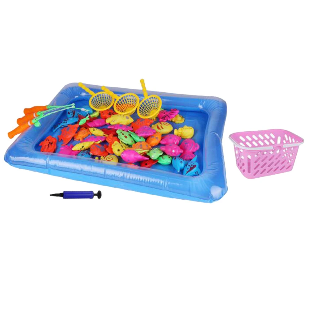 55pcs Kids Fishing Game Funny Magnetic Fishing Toy for Bathtime Beach Pool Party (46 Fish + 1 Pool + 1 Inflator + 3 Fishing Rod + 3 Fishing Net + 1 Basket)