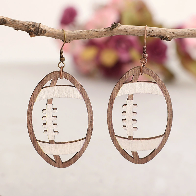 1 Pair Football Dangle Earrings Wooden Earrings Football Sports Earrings Sports Jewelry