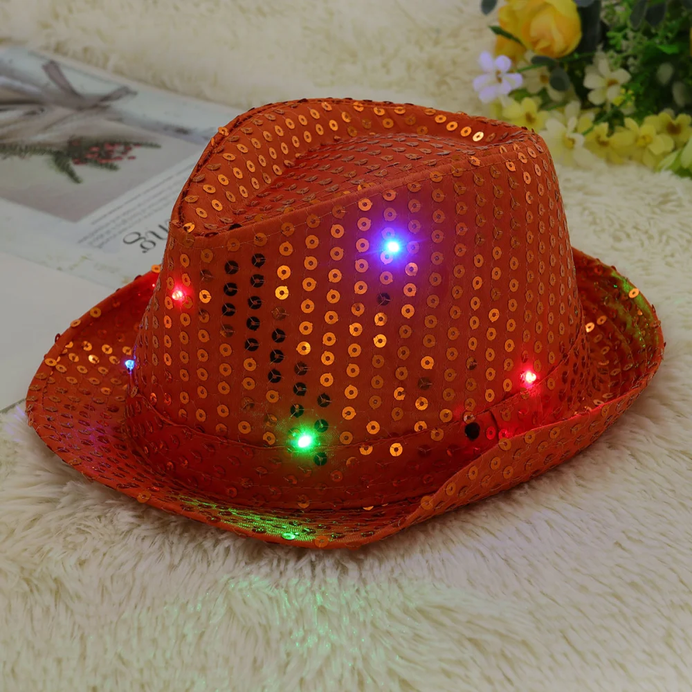 Stage Shining Prop Hat Funny Beautiful Jazz With Colorful Lamp for Man Woman (Orange Adult Pattern)