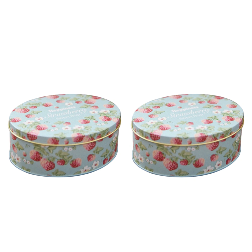 2Pcs Strawberry Series Tinplate Candy Boxes Round Gift Storage Tank Biscuit Container Candy Organizer(Sky-Blue)