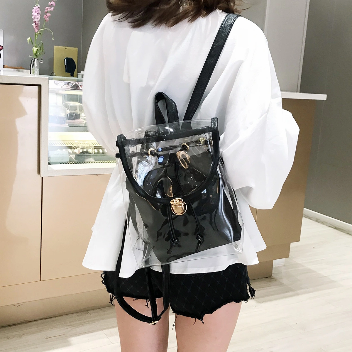 Transparent Backpack Double Layer Candy Color Handbag for Girl Travel Summer Trip (Black)