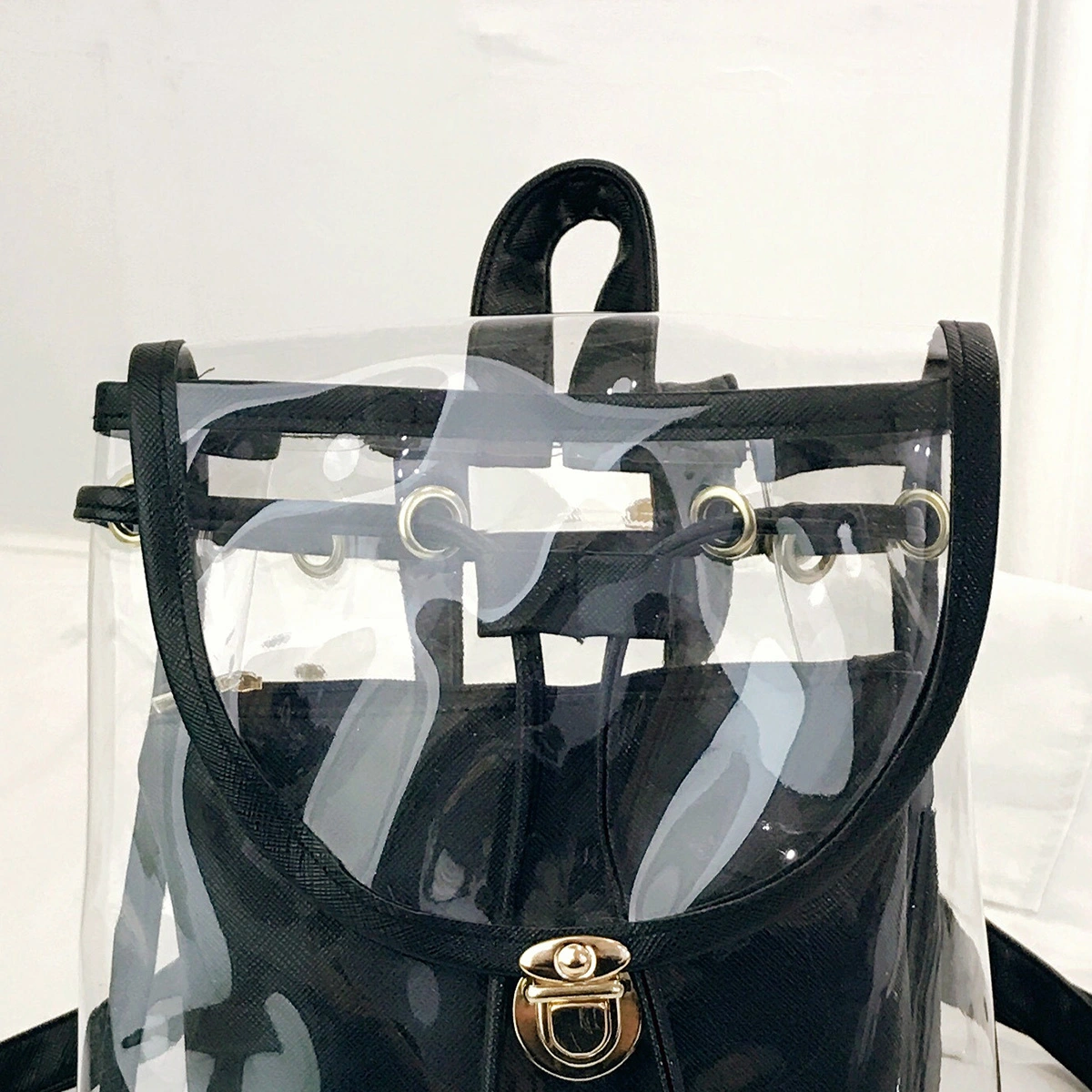 Transparent Backpack Double Layer Candy Color Handbag for Girl Travel Summer Trip (Black)