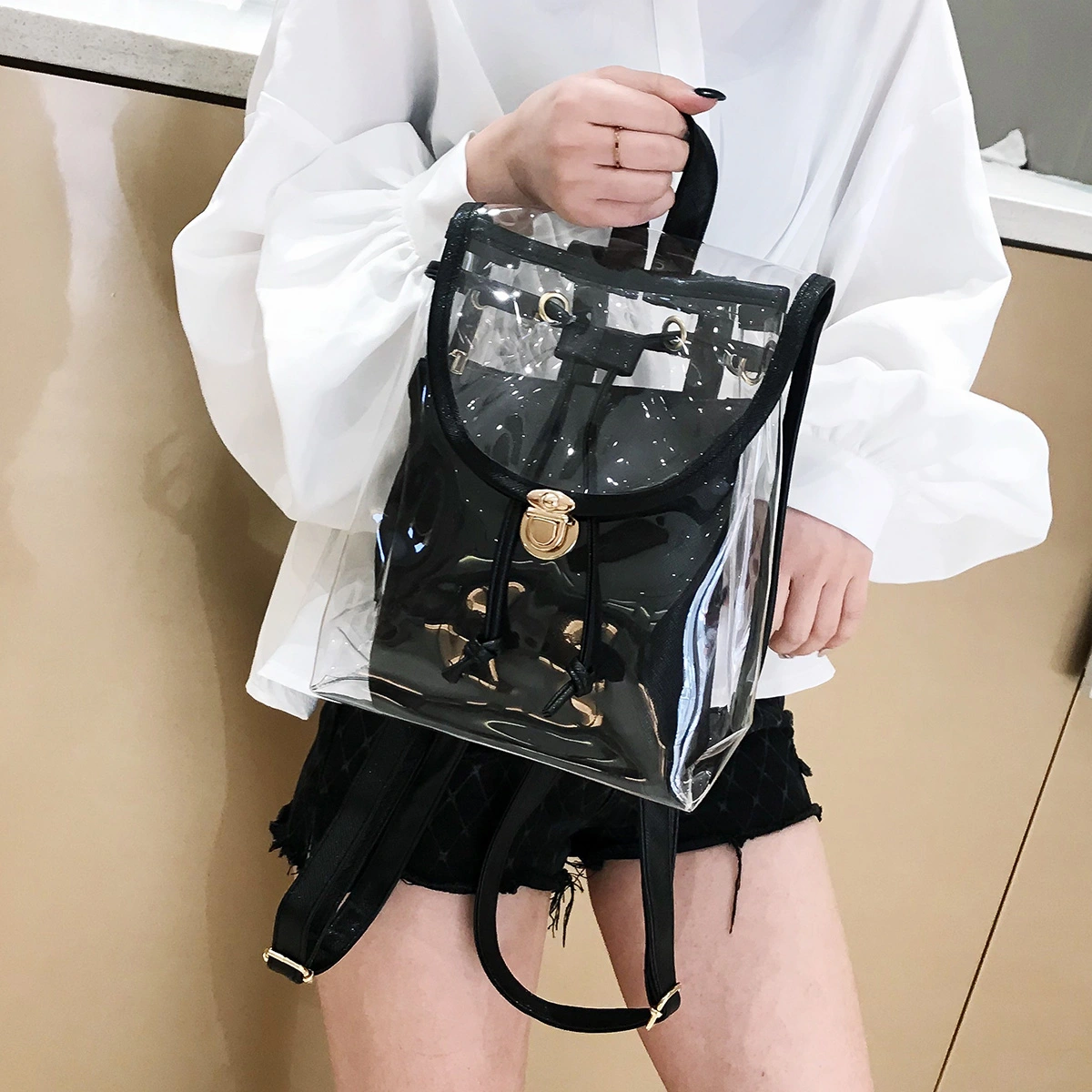 Transparent Backpack Double Layer Candy Color Handbag for Girl Travel Summer Trip (Black)