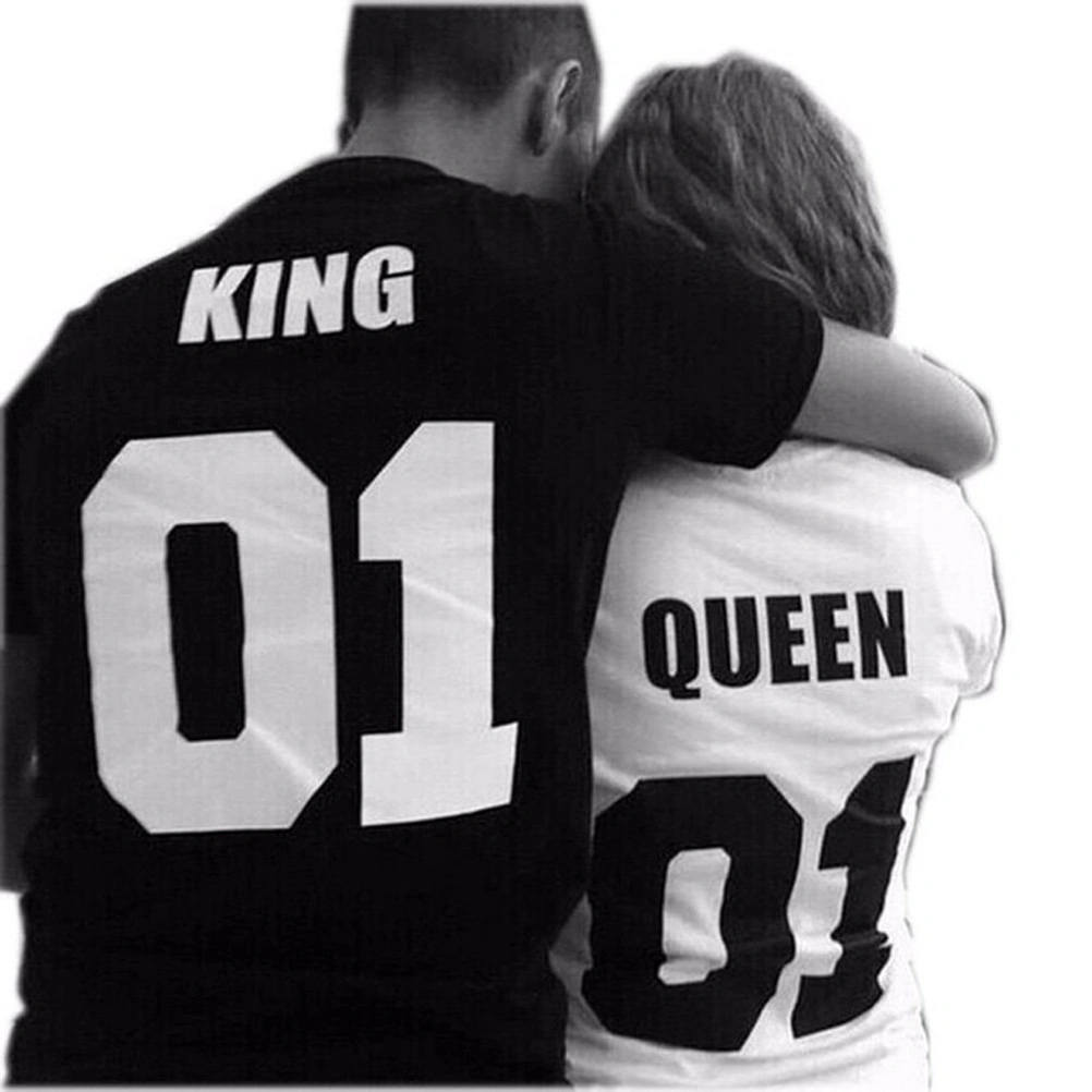 King Letter Couple Matching T-shirts Casual Cotton Tees Valentine's Day Gift - Size L (Black)