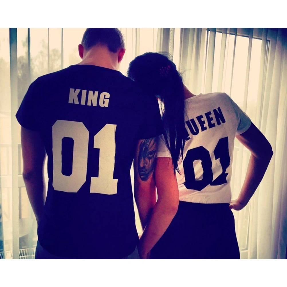 King Letter Couple Matching T-shirts Casual Cotton Tees Valentine's Day Gift - Size L (Black)