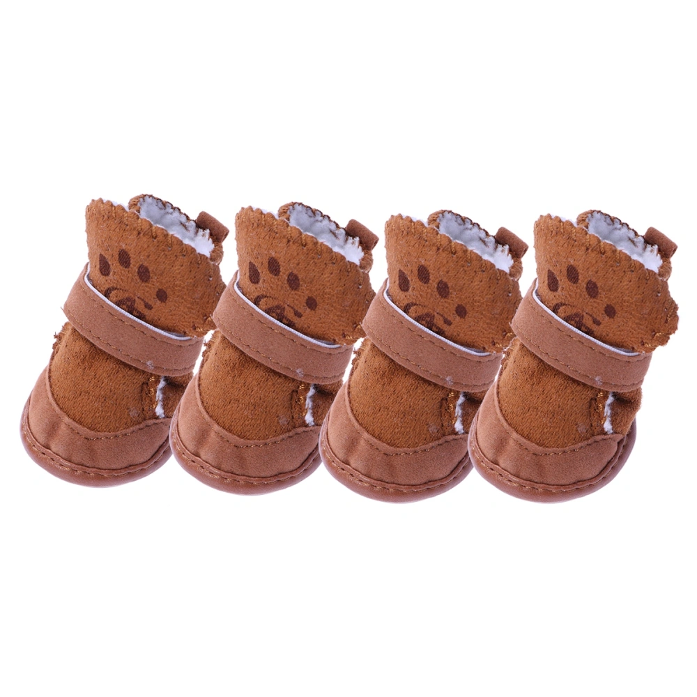 4pcs Winter Pet Dog Puppy Casual Anti-Slip Fleece Snow Boots Warm Dog Shoes Size M (Brown)