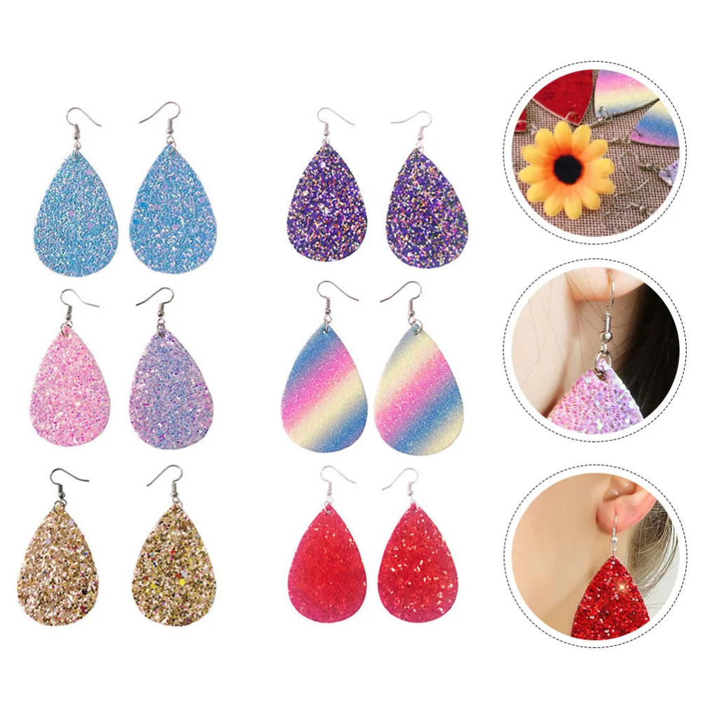 6 Pairs PU Water Drop-shaped Leather Ear Studs Double Sided Sequined PU Earrings