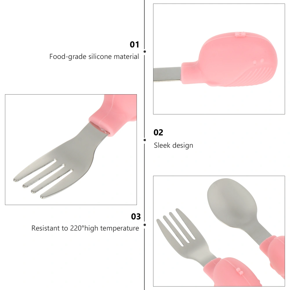 2Pcs Baby Tableware Silicone Stainless Steel Cartoon Spoon Fork Tableware