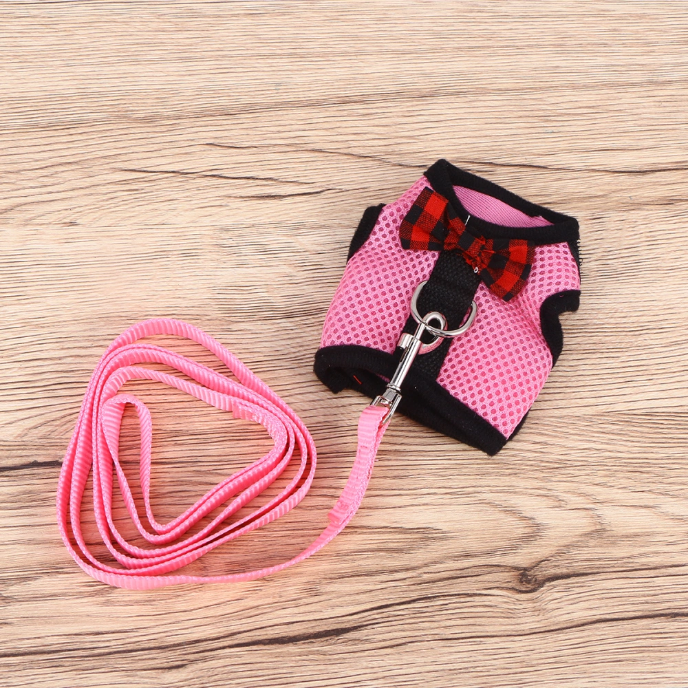 New Lovely Pet Breathable Mesh Fabric Harness With Leash Small Animal Vest Lead For Hamster Rabbit Bow Breast Strap - Size S (Pink)