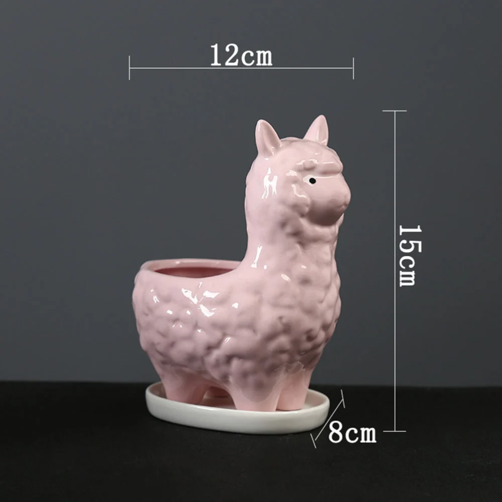 1PC Alpaca Succulent Flower Pot Lovely Animal Shaped Flowerpot Decor Cartoon Alpaca Succulent Flowerpot Crafts Ceramic Succulent Plant Potted Flowerpot with Tray Creative Office Desktop Decor for Home Office (Pink)