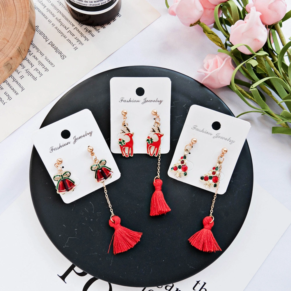 3 Pair Christmas Tassels Earrings Asymmetry Ear Stud Ear Accessories Casual Jewelry Xmas Gift Party Ear Ornament for Women Ladies (Deer + Bell + Xmas Tree)