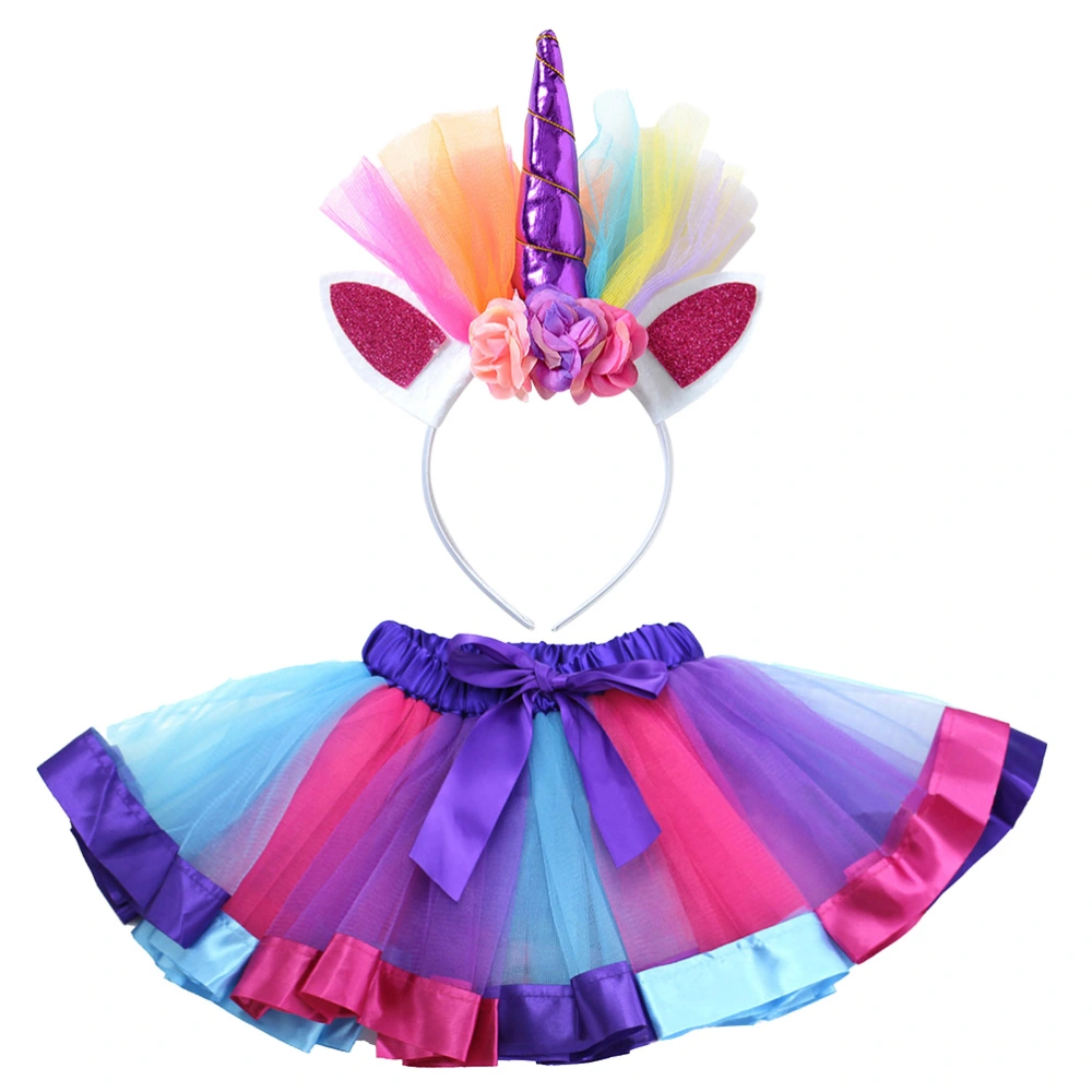 Girls Half Tutu Skirt Rainbow Dress Unicorn Headgear Set Summer Birthday for Girls - Size S (Purple Rose and Blue)