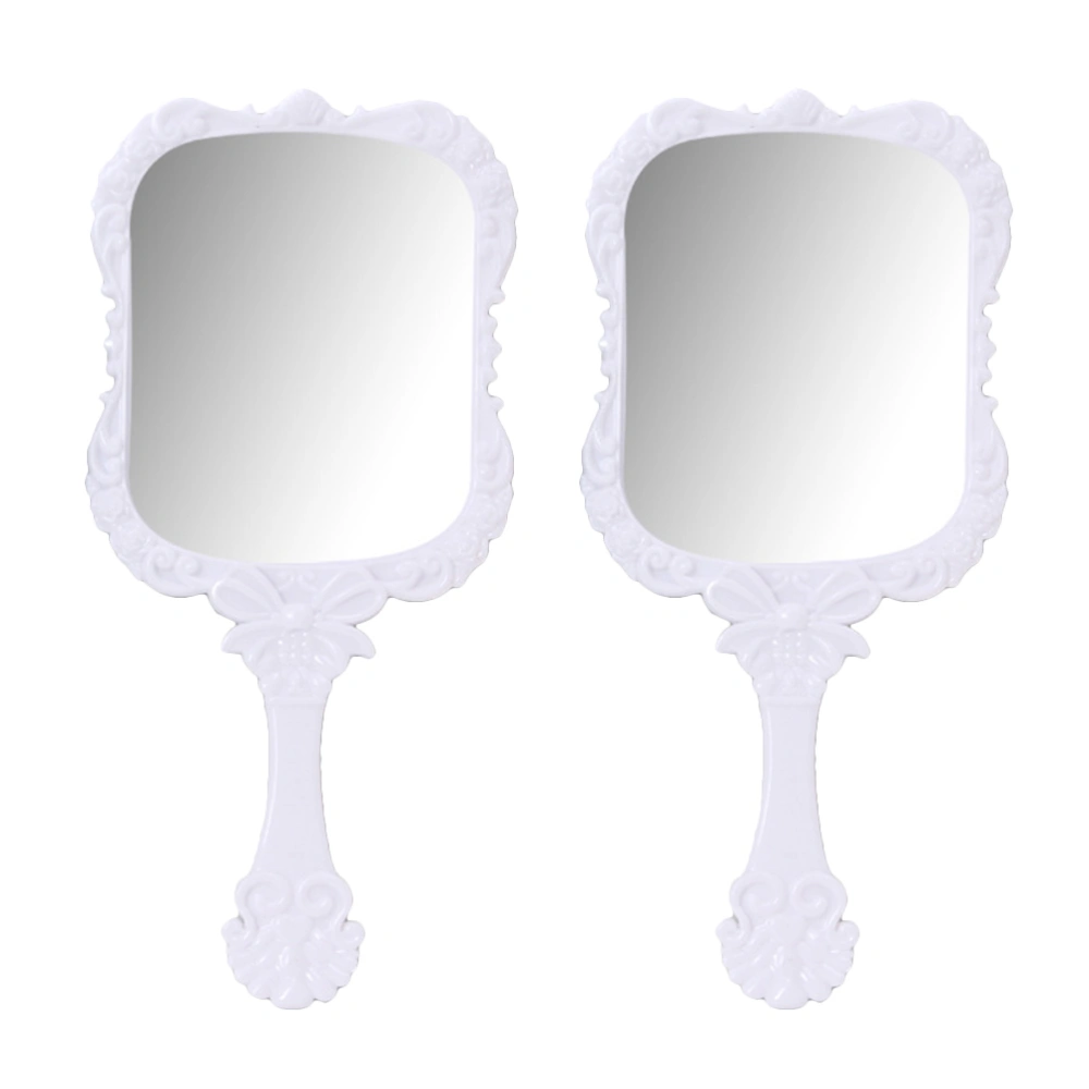 2PCS Square Handle Makeup Mirror Stylish Pattern Mirror Plastic Printed Mirror Delicate Handle Makeup Mirror for Home Salon Use White