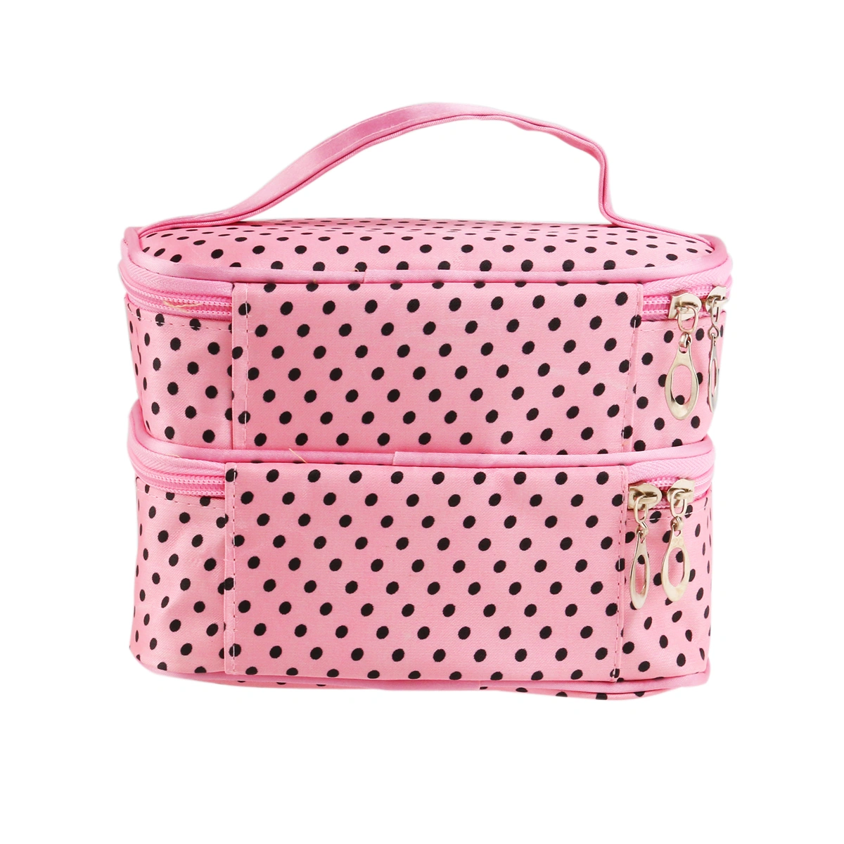Handheld Women's Girls Polka Dotted Two-layer Cosmetic Makeup Bag Zipper Pouch Toiletry Bag Organizer (Pink)