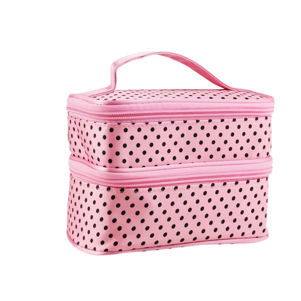 Handheld Women's Girls Polka Dotted Two-layer Cosmetic Makeup Bag Zipper Pouch Toiletry Bag Organizer (Pink)