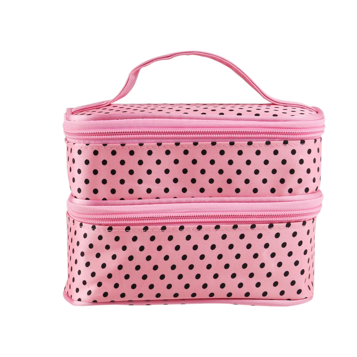 Handheld Women's Girls Polka Dotted Two-layer Cosmetic Makeup Bag Zipper Pouch Toiletry Bag Organizer (Pink)