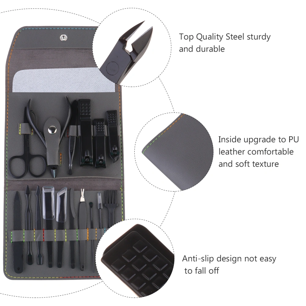 1 Set 16pcs Nail Clipper File Nail Clipper Stainless Steel Nail Clippers Manicure Kit Professional Nail Scissors Grooming Kit (Brown)