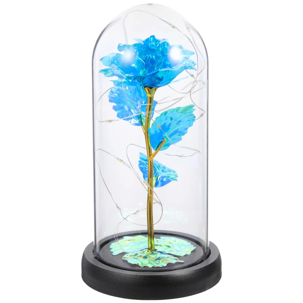 Blue Rose and Led Light in a Glass Dome on A Wooden Base for Wedding Birthday Party Club Decoration (Black Base One Blue Rose)