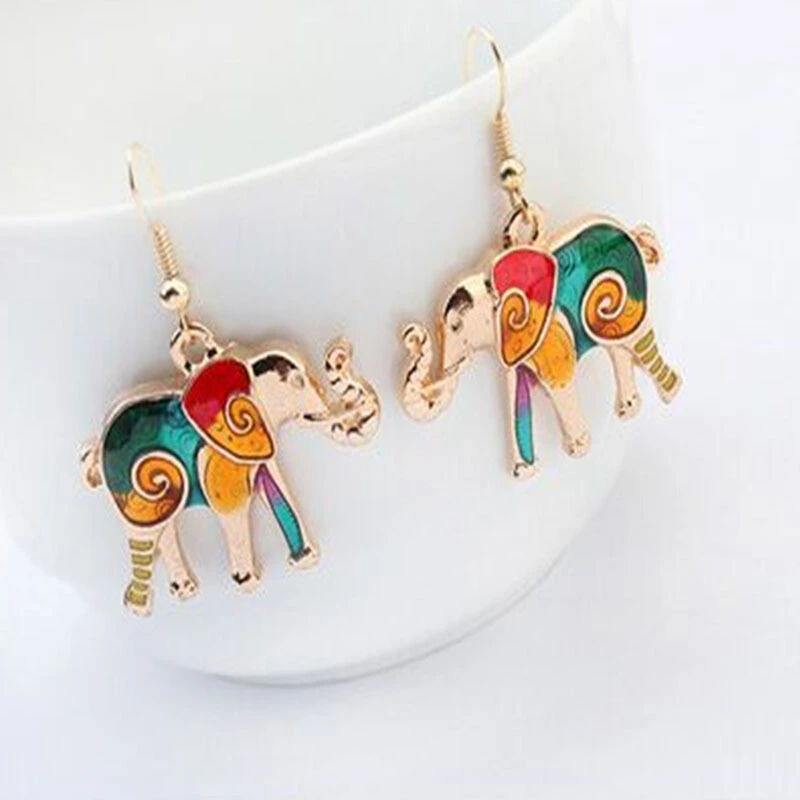 Elephant Pendant Necklace Neck Chain with Dangling Earrings Set for Jewelry Decoration (Gold)