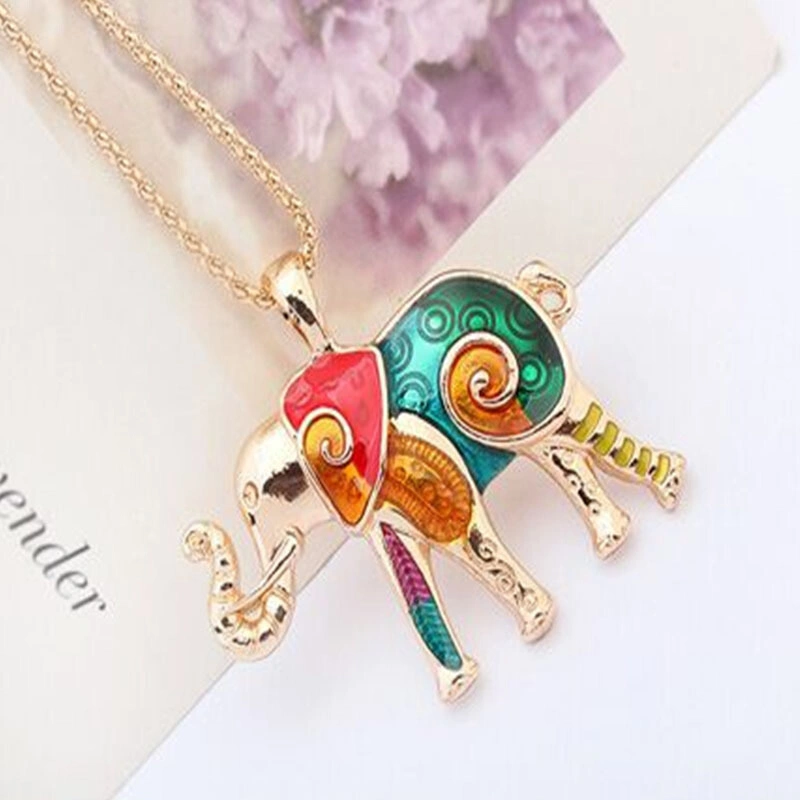 Elephant Pendant Necklace Neck Chain with Dangling Earrings Set for Jewelry Decoration (Gold)