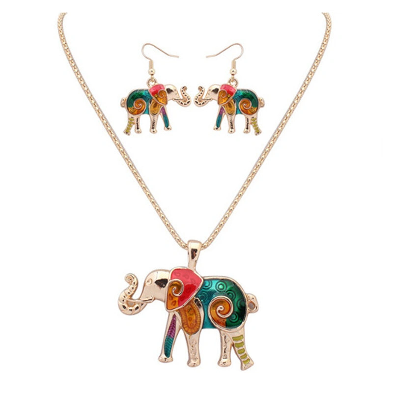 Elephant Pendant Necklace Neck Chain with Dangling Earrings Set for Jewelry Decoration (Gold)