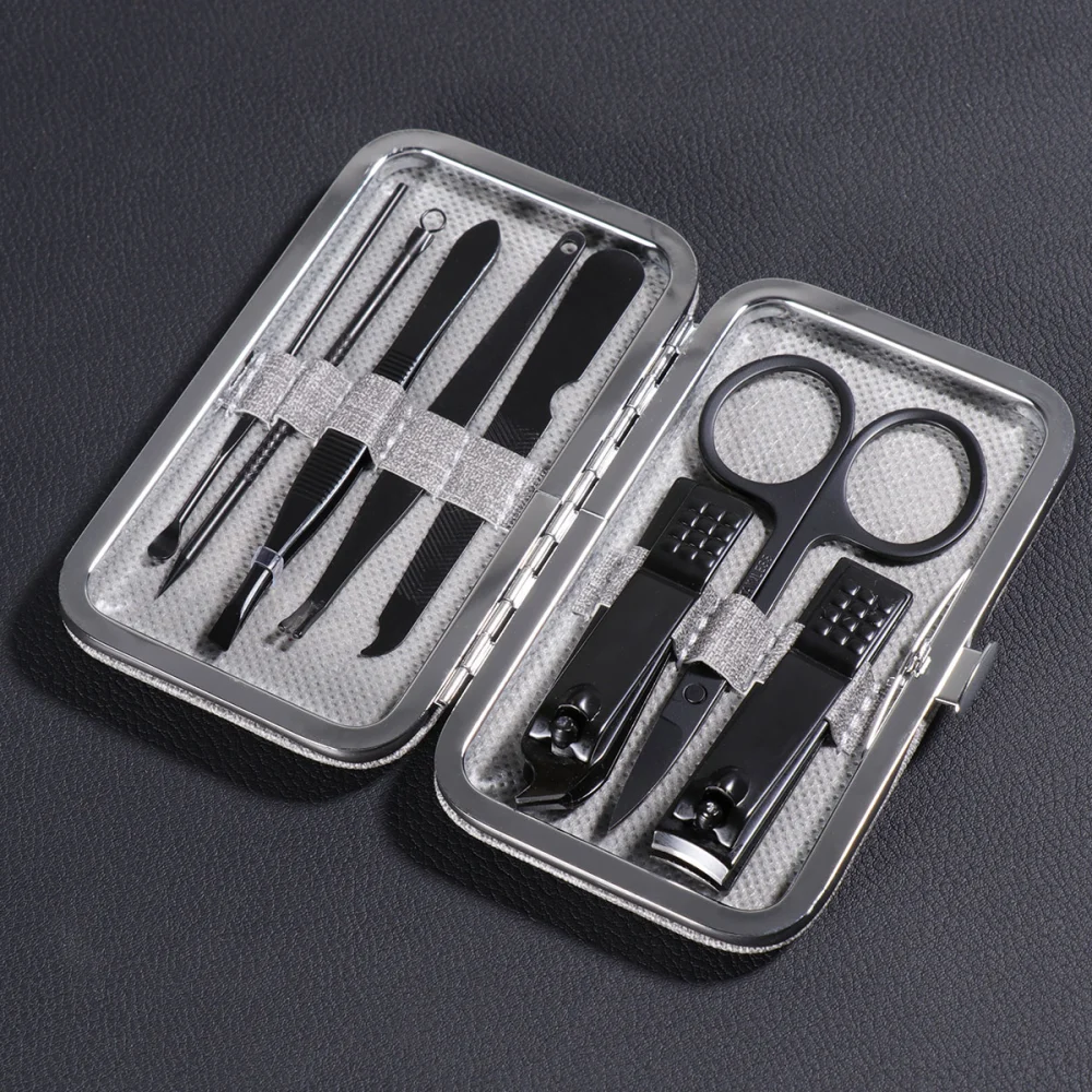 1 Set 8pcs Multipurpose Stainless Steel Manicure Pedicure Nail Cutter Eye-brow Shaping Tool Grooming Ear Cleaning Kit With Case (Gray)