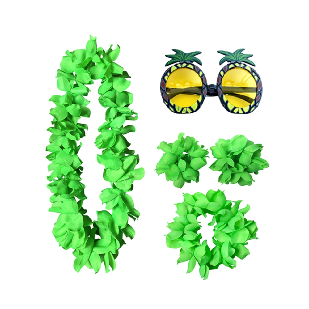 5pcs Hawaii Pineapple Eye Glasses Funny Cosplay Glasses Beautiful Garland Flower Headdress Bracelet (Green Sets, Pineapple Eyeglasses)