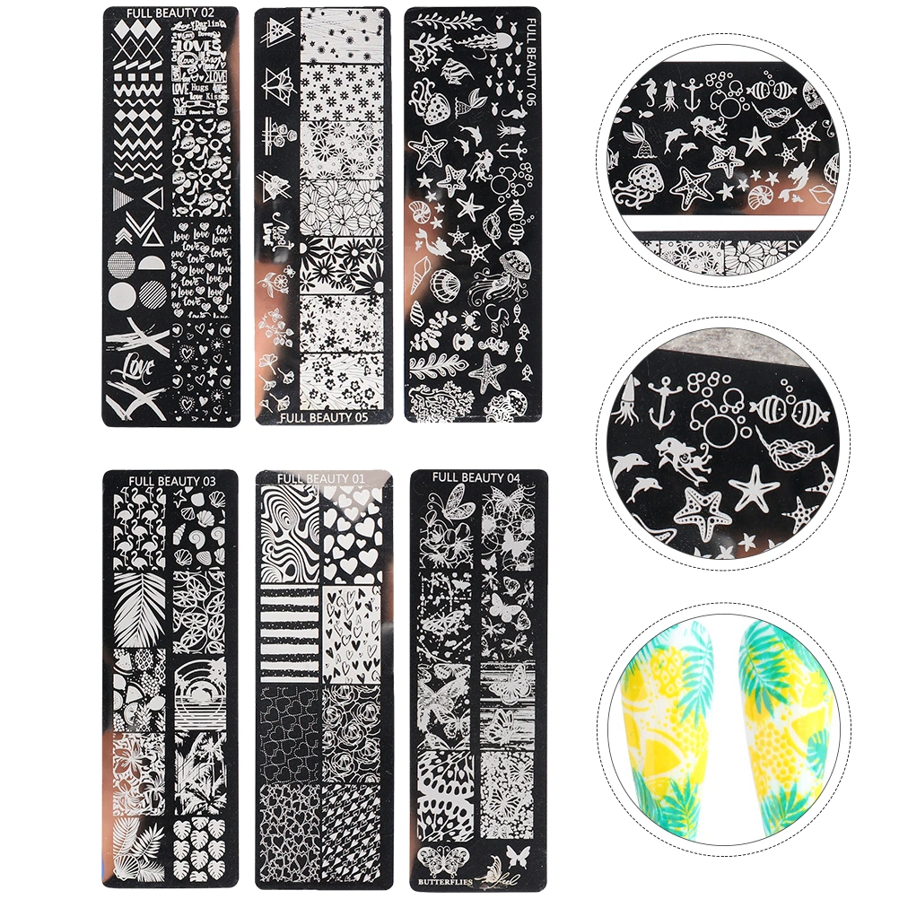 6pcs Manicure Stencils Nail Art Stamping Templates Nail Polish Stamps Kit