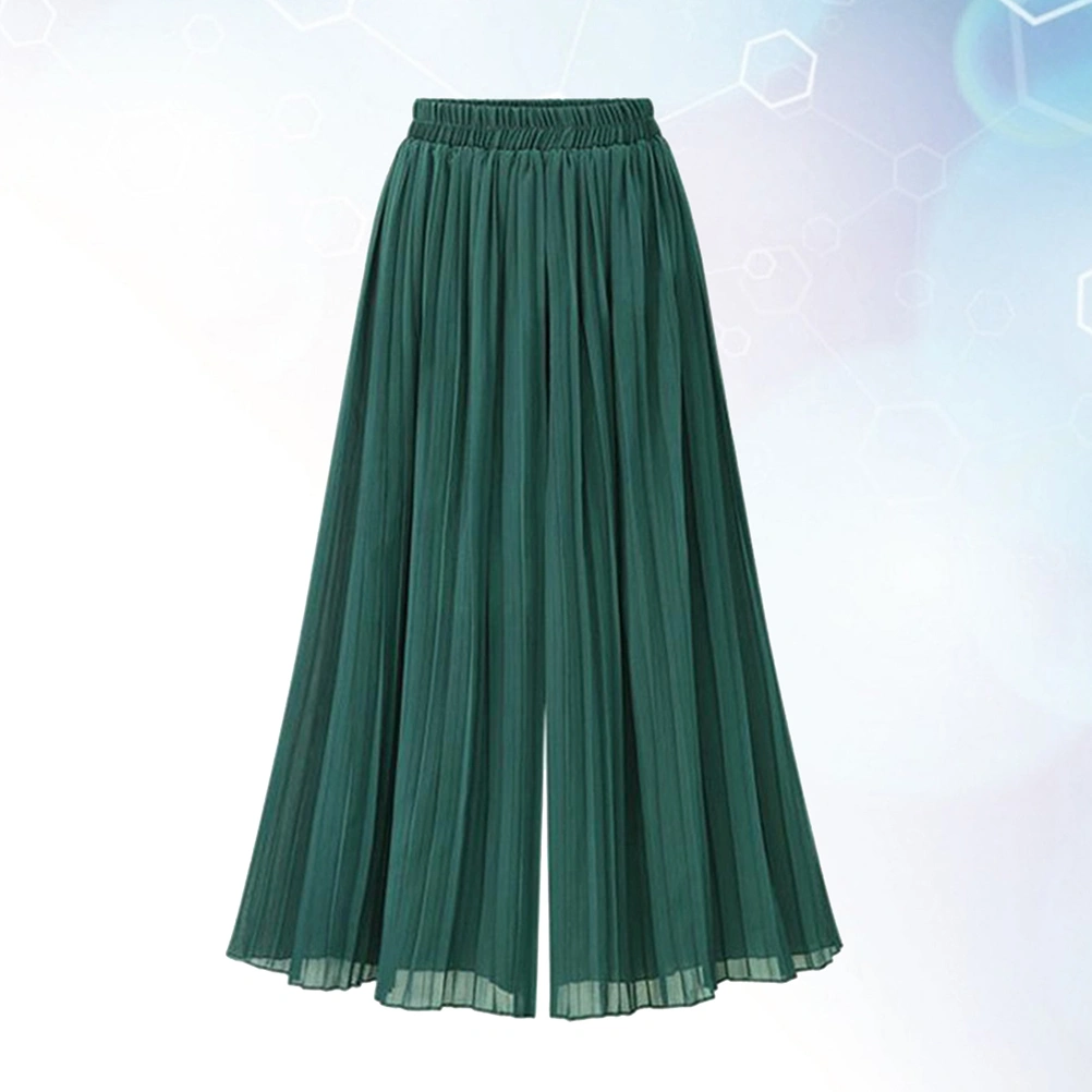 1pc Women Elastic Waist Chiffon Wide Leg Pants Loose Pleated Wide Leg Pants (Green L)