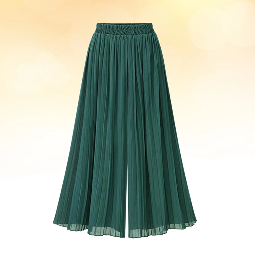 1pc Women Elastic Waist Chiffon Wide Leg Pants Loose Pleated Wide Leg Pants (Green L)