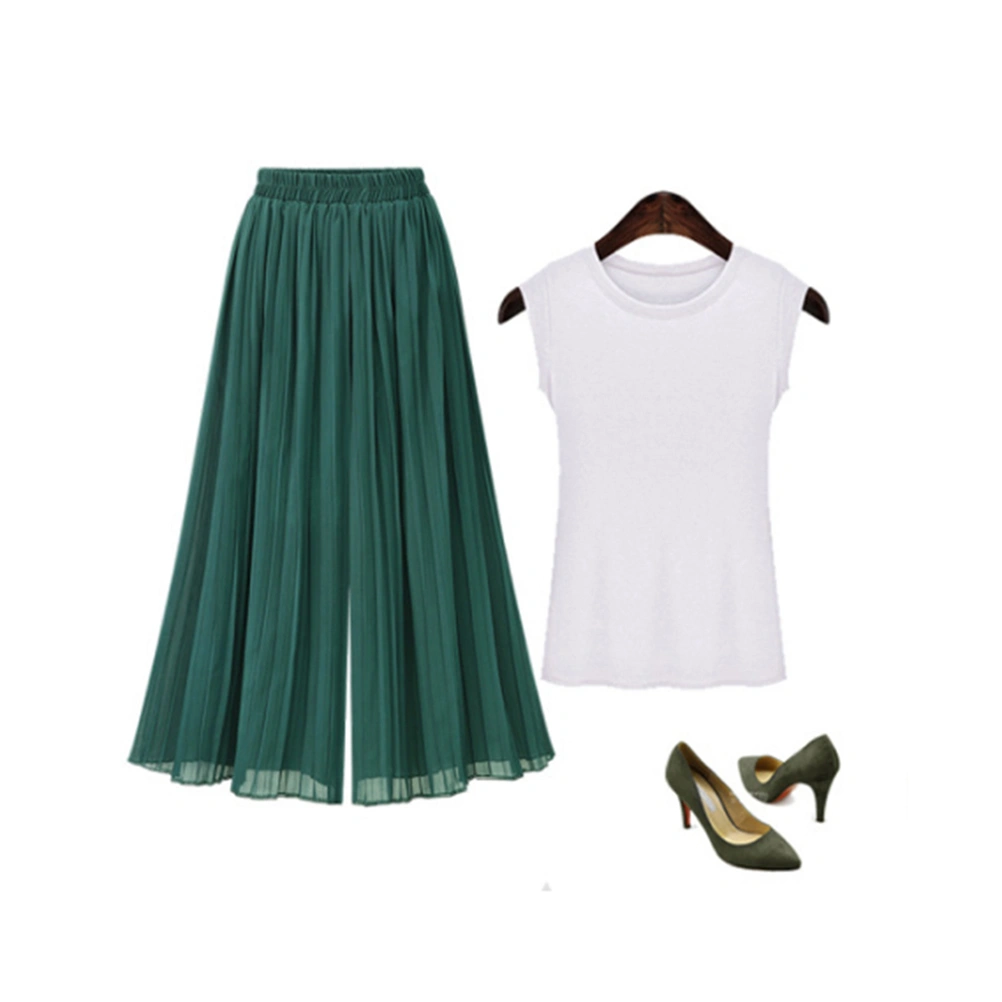 1pc Women Elastic Waist Chiffon Wide Leg Pants Loose Pleated Wide Leg Pants (Green L)