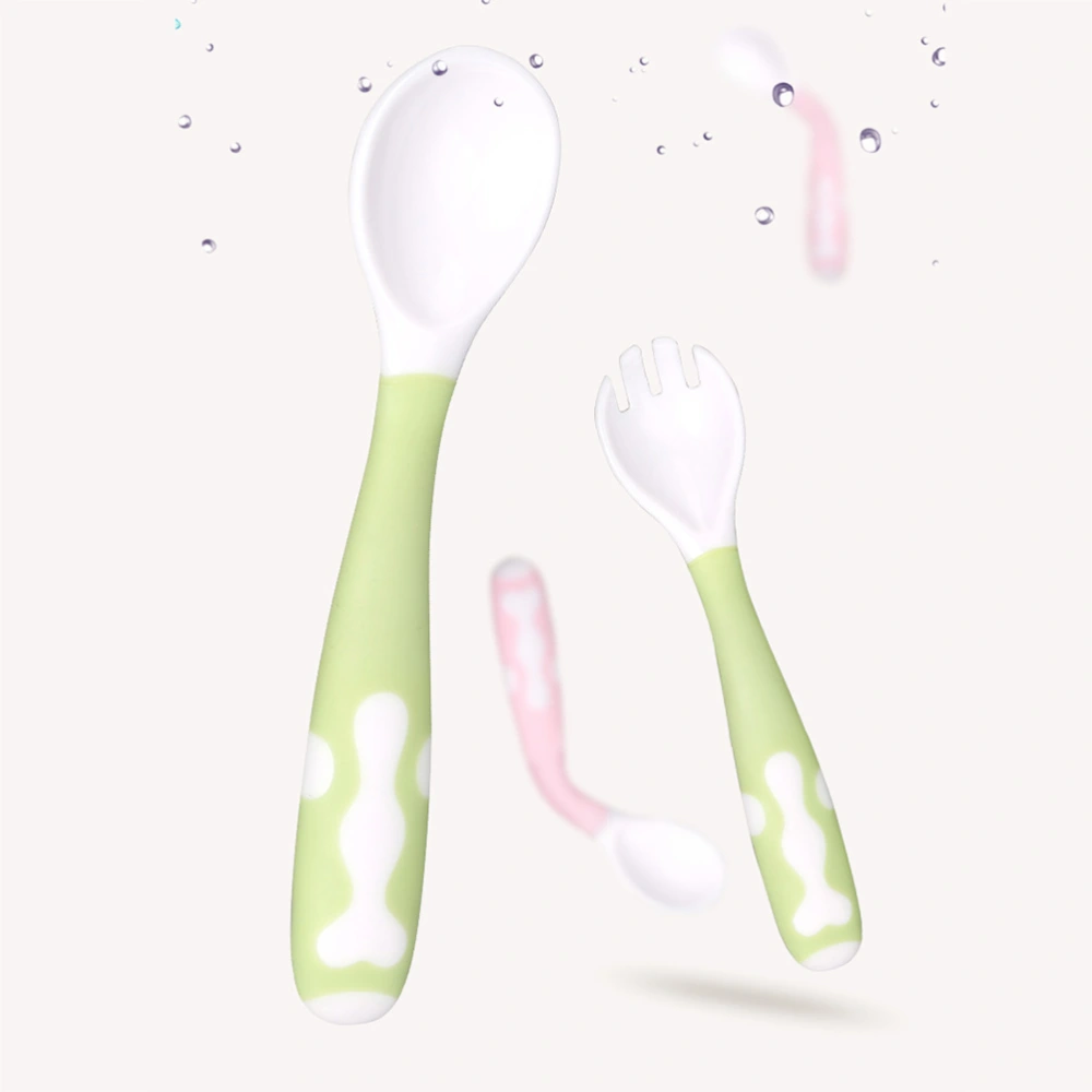 1 Set Baby Spoon Fork Feeding Tableware 360-degree Bent Spoon and Fork Set PP Material with Box for Baby Kids (Green)