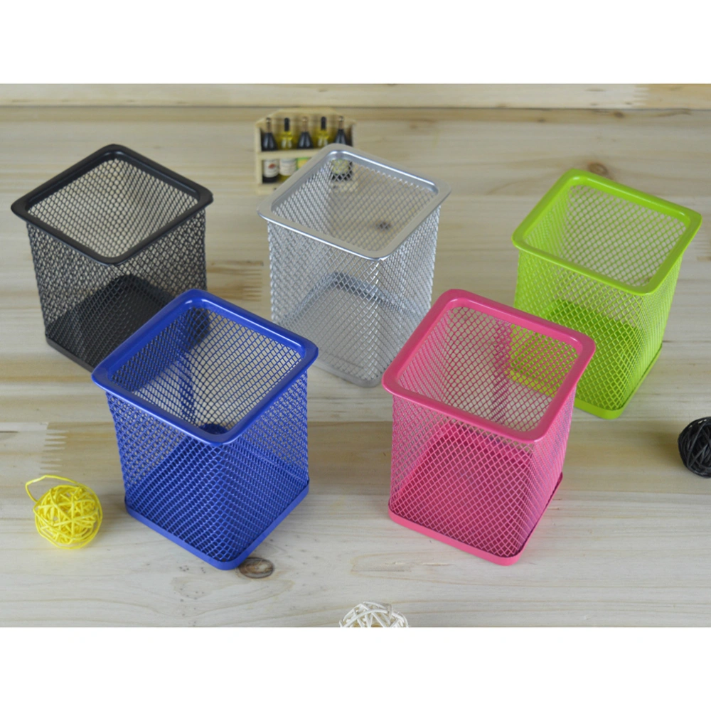 2pcs Metal Pen Pot Square Mesh Pencil Holder Container Organizer (Blue)