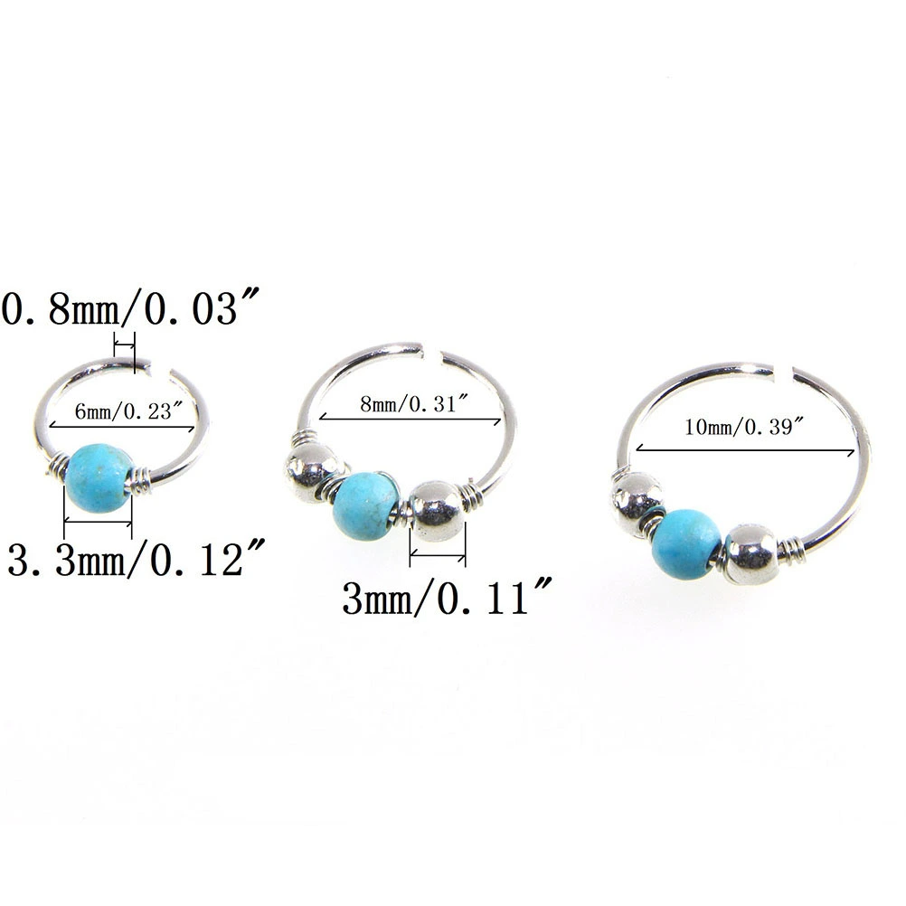 3pcs Nose Ring Nose Bead Studs Nostril Nose Earring Piercing Jewelry 6mm 8mm 10mm (Rose Gold Bead & Turquoise)