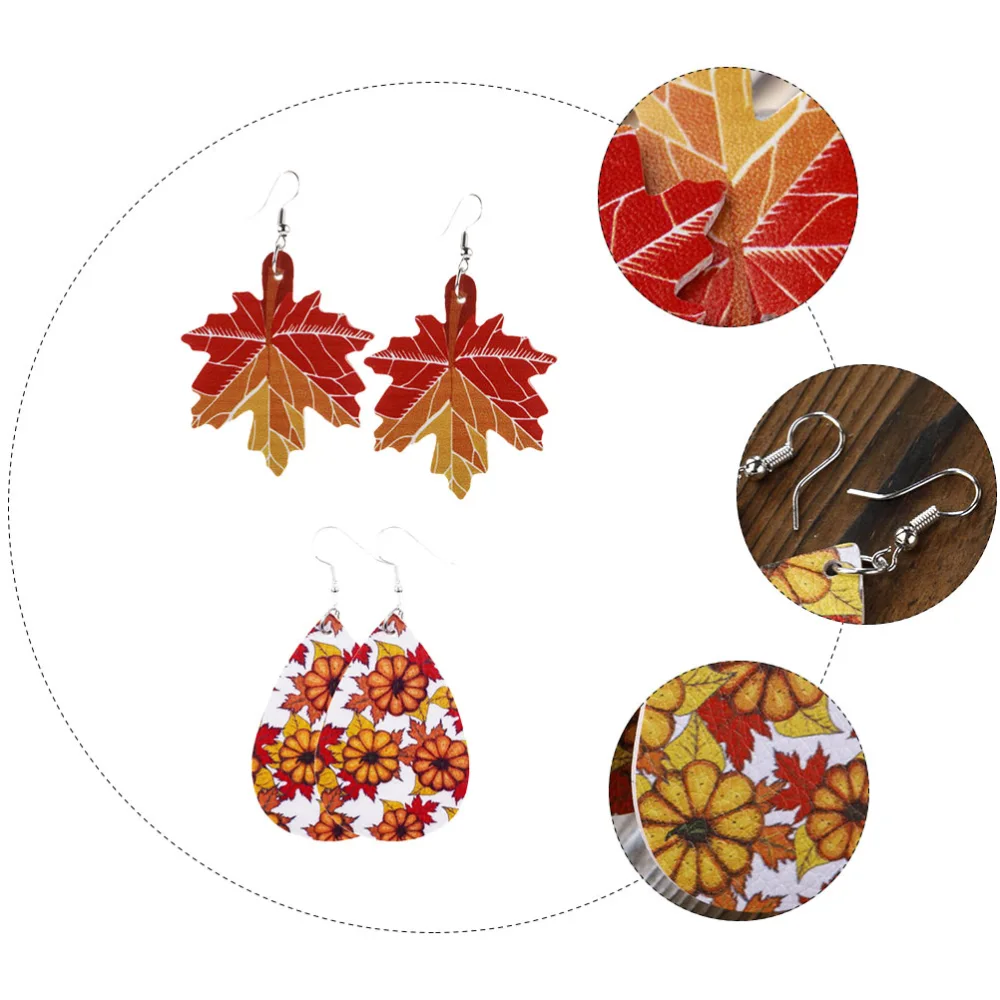 2 Pairs of Thanksgiving Earrings Festival Eardrops Maple Leaves Ear Pendants