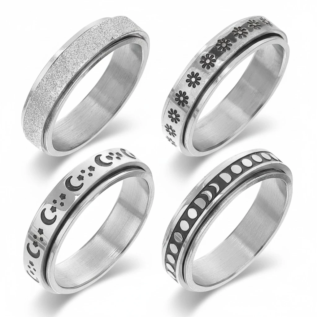 4Pcs Fidget Rings Stars Moon Rings Rotatable Rings Anniversary Birthday Gift