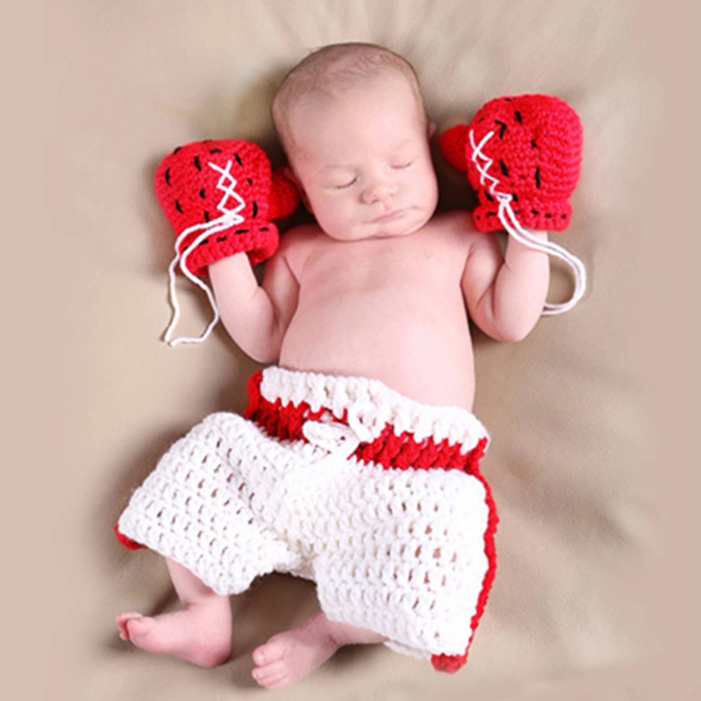 Crochet Newborn Photography Props Boys Boxing Outfit Set Infant Baby Photo Props Knitted Baby Clothes Photo Costume (Red)