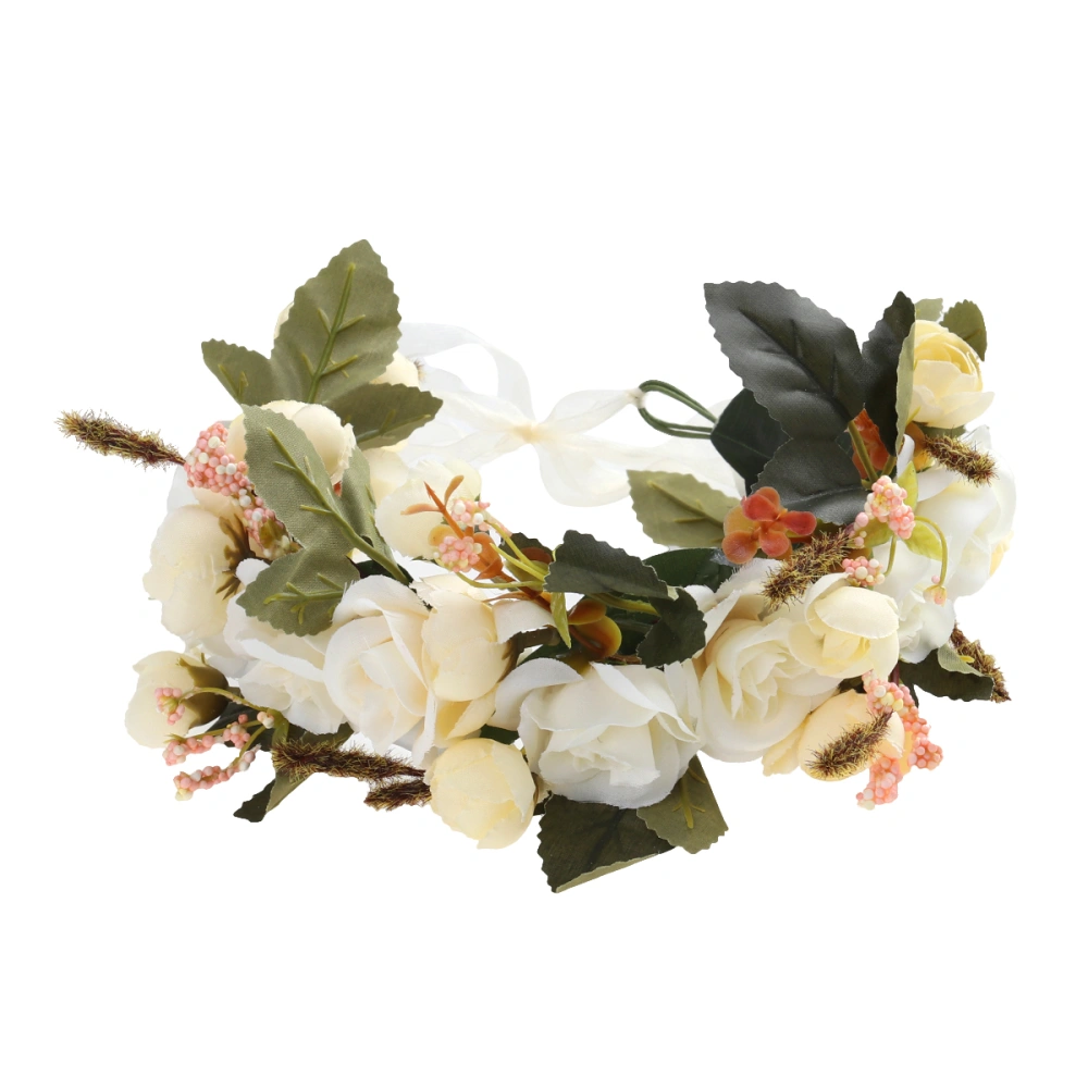 Rattan Rose Flower Wreath Crown Headdress Bride Rattan Silk Flower Garland Women Headpiece Decoration for Wedding Festival Travel(White)