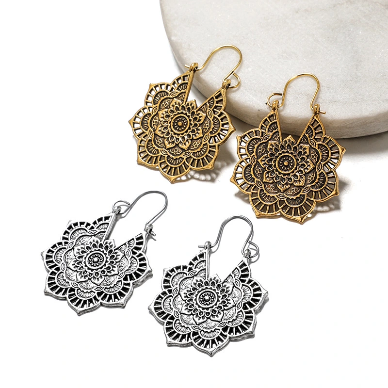 1 Pair Vintage Flower Drop Earrings Women Dangle Earrings Metal Hollow Flower Earrings