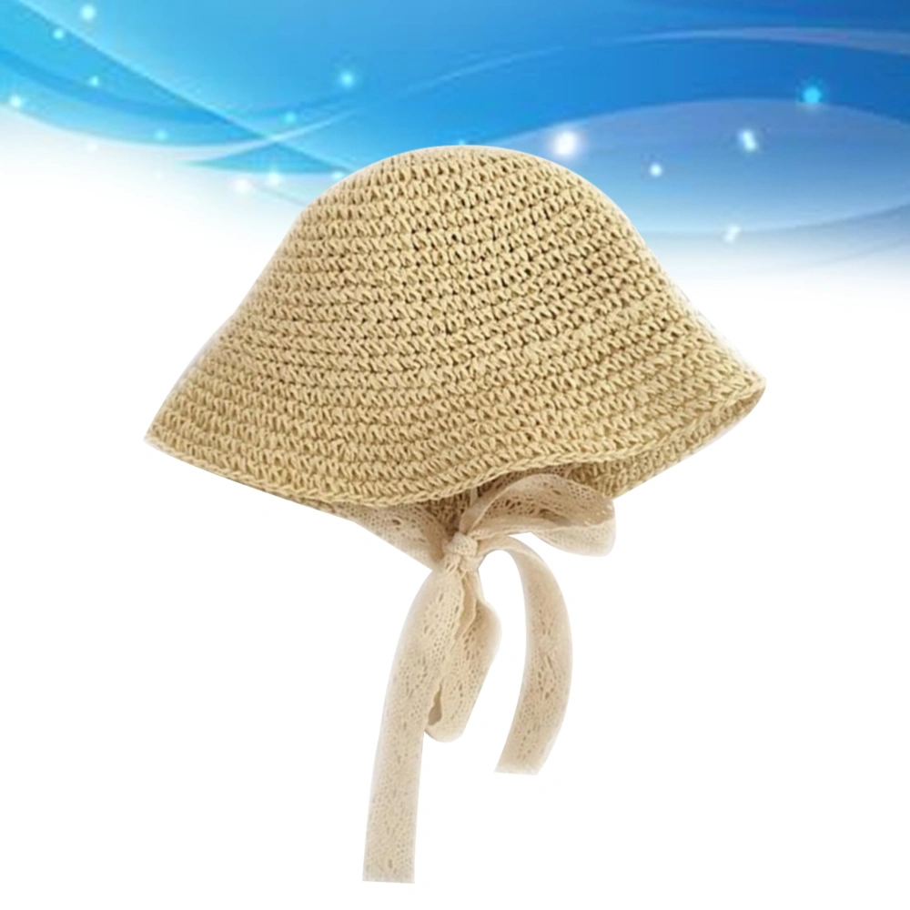 1pc Children Straw Hat with Lace Banding Summer Beach Block UV Hat Kids Fisherman Lace Strap Hat (Beige)