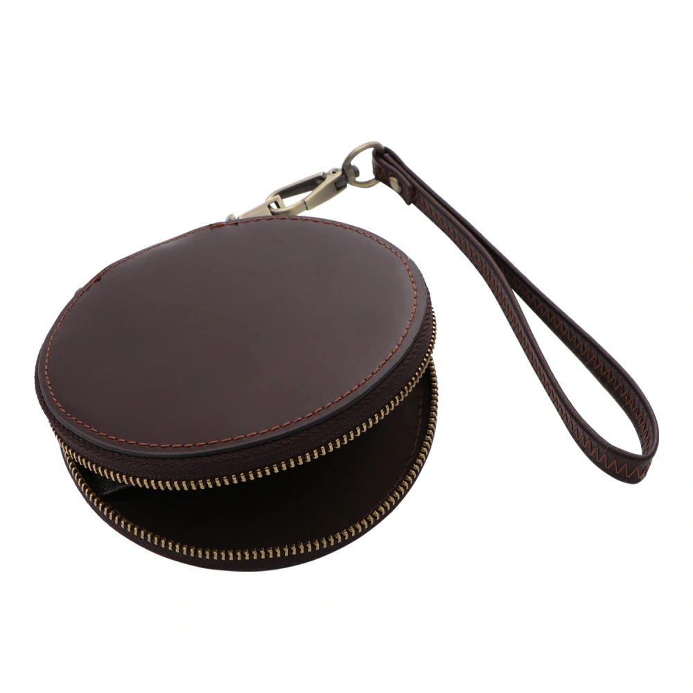 Mini Leather Wallet Vintage Coin Purse Purse Round Zipper Pocket Bag Small Handbag with Wrist Lanyard (Coffee)