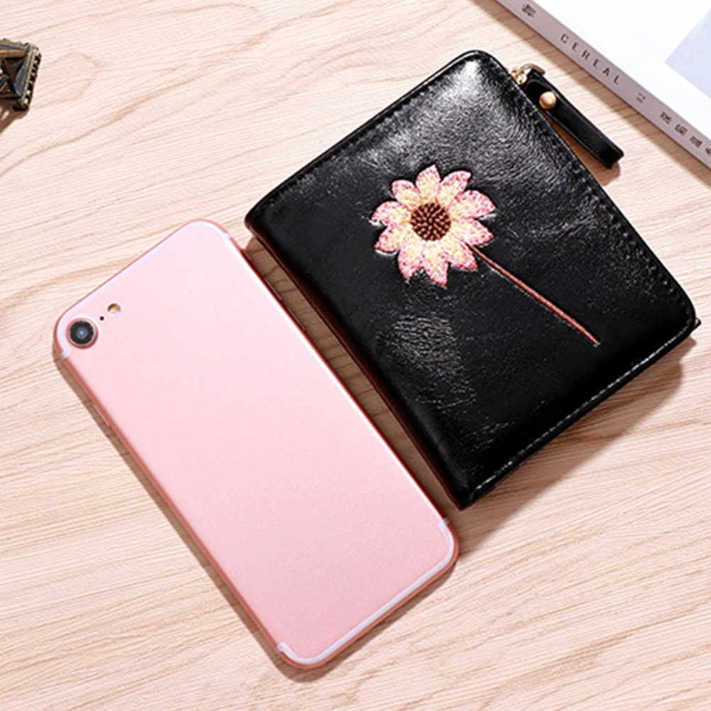 Flower Pattern Bifold Purse Female Short Multi-position Bag Zipper PU Lady Coin Purse Wallet (Black)