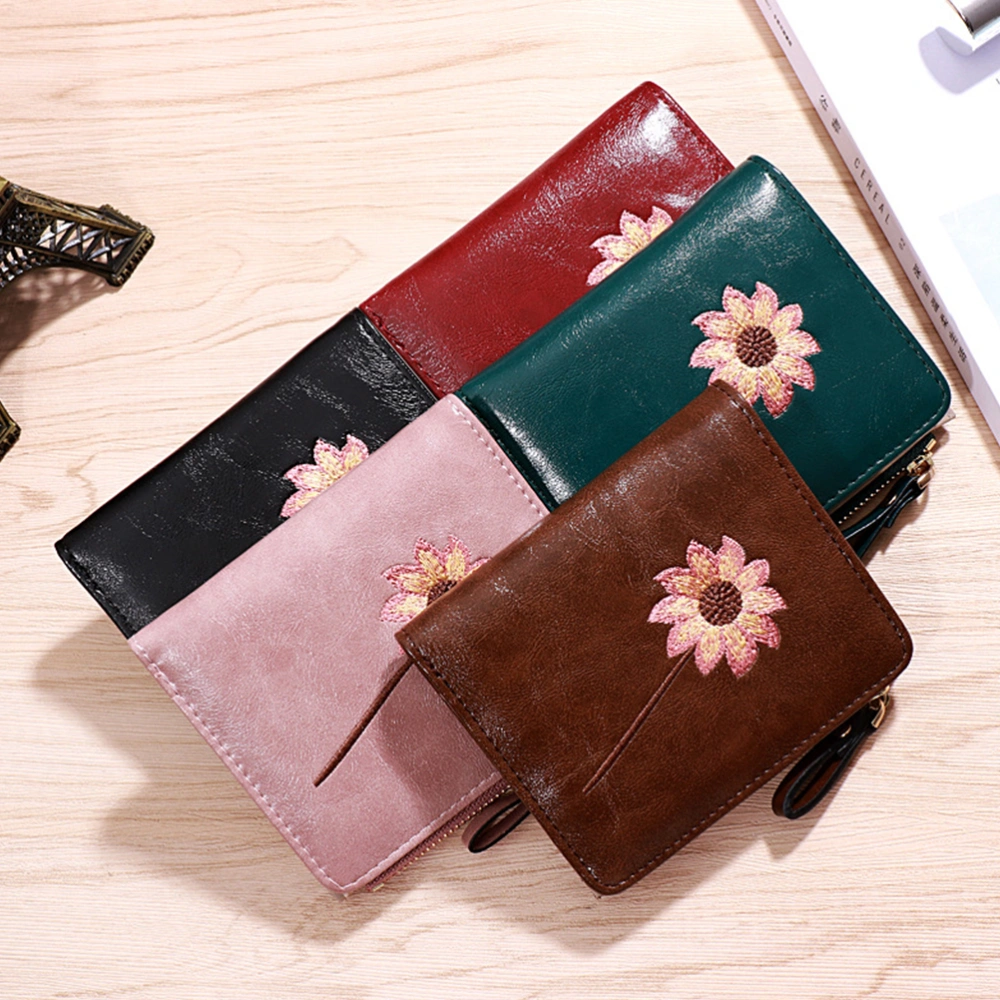 Flower Pattern Bifold Purse Female Short Multi-position Bag Zipper PU Lady Coin Purse Wallet (Black)