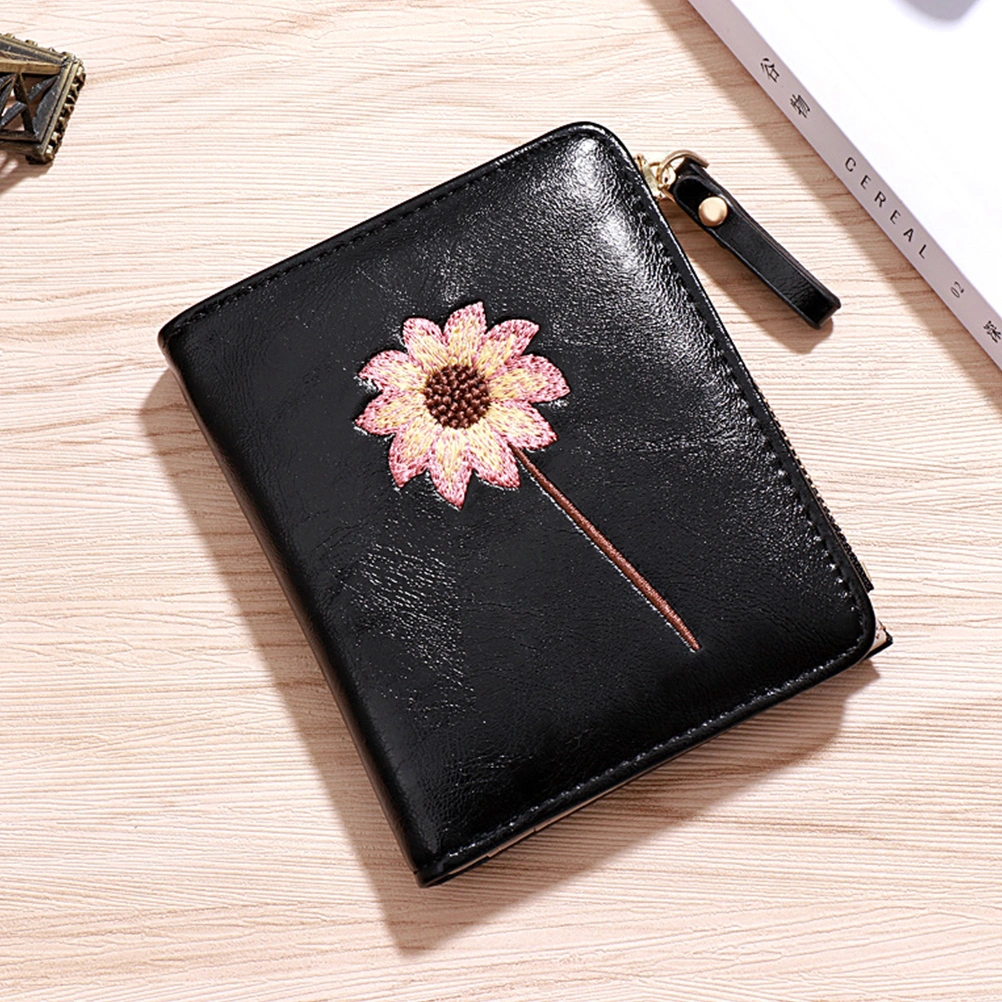 Flower Pattern Bifold Purse Female Short Multi-position Bag Zipper PU Lady Coin Purse Wallet (Black)