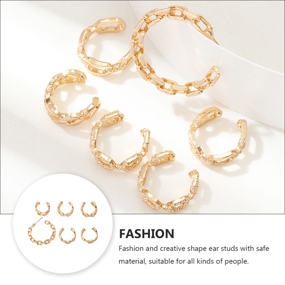 6Pcs Punk Style Ear Studs Personality Thick Chain Earrings Women Jewelry Golden