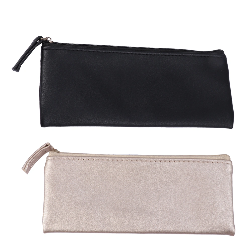 2Pcs PU Leather Pencil Bag Students Pencil Holder Stationery Storage Bag Minimalist Pen Organizer Makeup Bag Black Golden