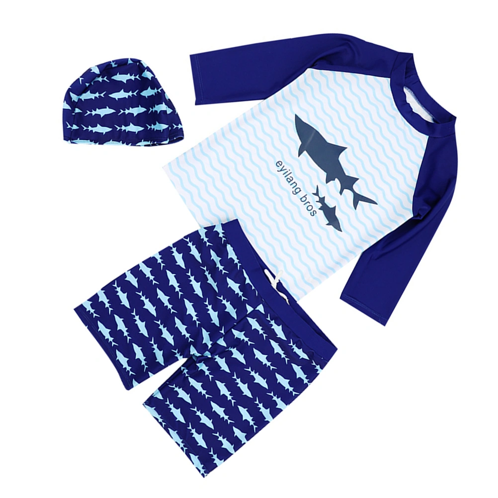 3pcs in 1 Set Shark Swimwear Sunscreen Quick-Drying Swimsuit Suit for Summer Children Surfing (Blue, Suitable Height 95-110cm)