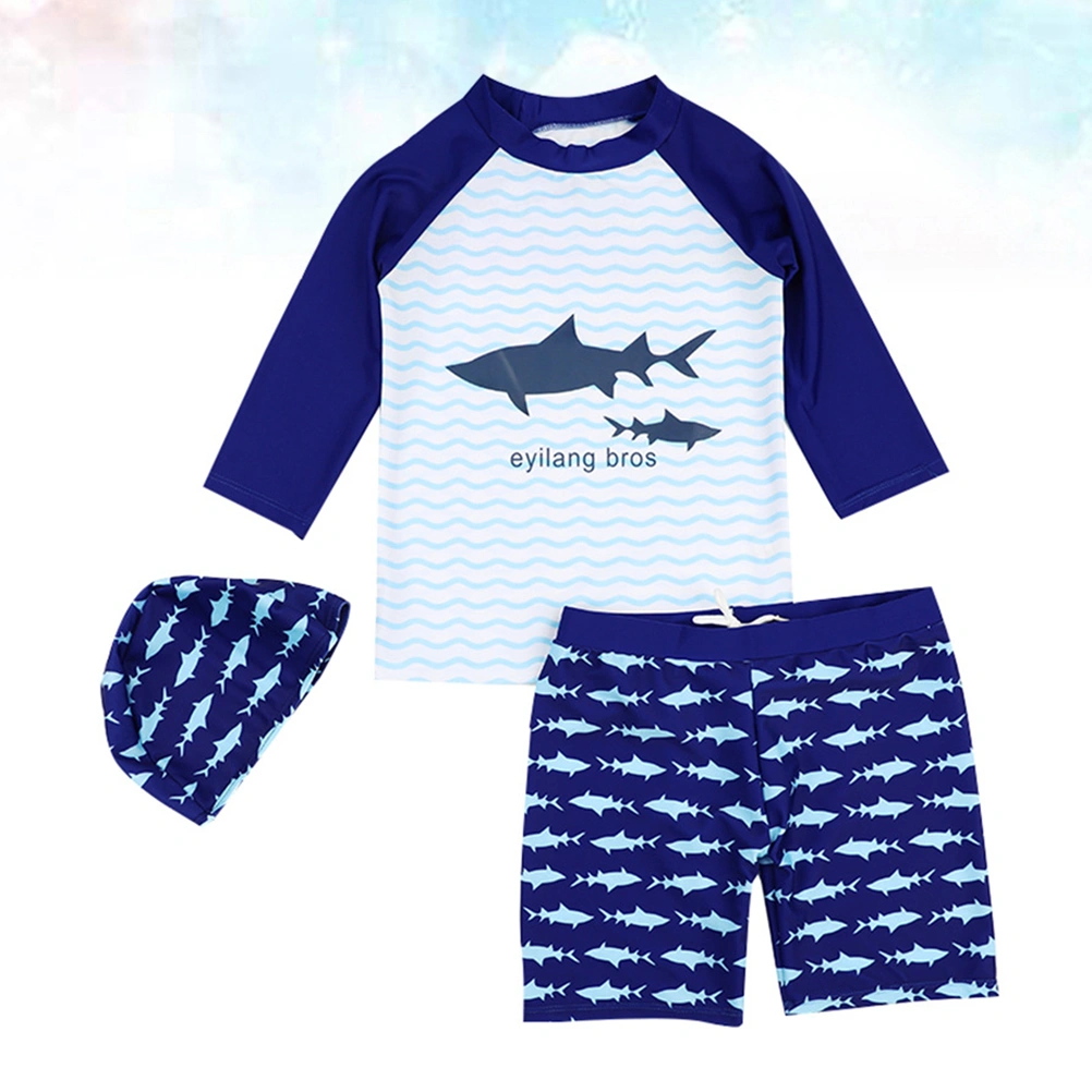 3pcs in 1 Set Shark Swimwear Sunscreen Quick-Drying Swimsuit Suit for Summer Children Surfing (Blue, Suitable Height 95-110cm)